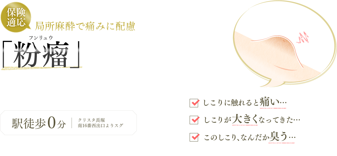 保険適応 局所麻酔で痛みに配慮 形成外科専門医による「粉瘤」手術を毎月20件実施!(2018年度実績)即日検査 女性医師 形成外科専門医 駅徒歩0分 クリスタ長堀南16番西出口よりスグ しこりに触れると痛い… しこりが大きくなってきた… このしこり、なんだか臭う…